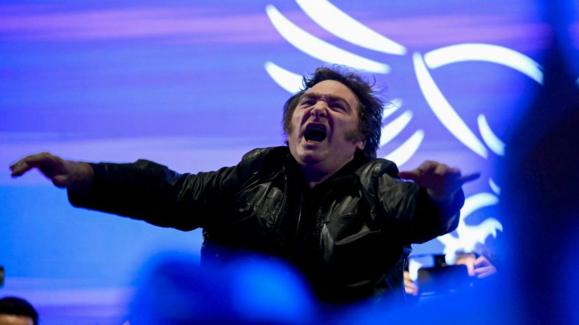 President Javier Milei gestures during the closing campaign rally of Libertad Avanza party ahead of the upcoming legislative elections in Rosario, Santa Fe Province, Argentina on October 23, 2025. 