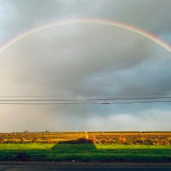Se ve un arcoíris sobre la sombra de un vehículo que circula por la autopista 99 en el centro de California. Foto de Frederic J. BROWN / AFP | Foto:AFP