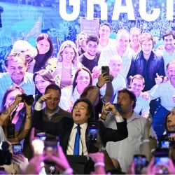 Argentina's President Javier Milei celebrates at the ruling party's La Libertad Avanza headquarters following the results of the national midterm legislative election in Buenos Aires on October 26, 2025. 