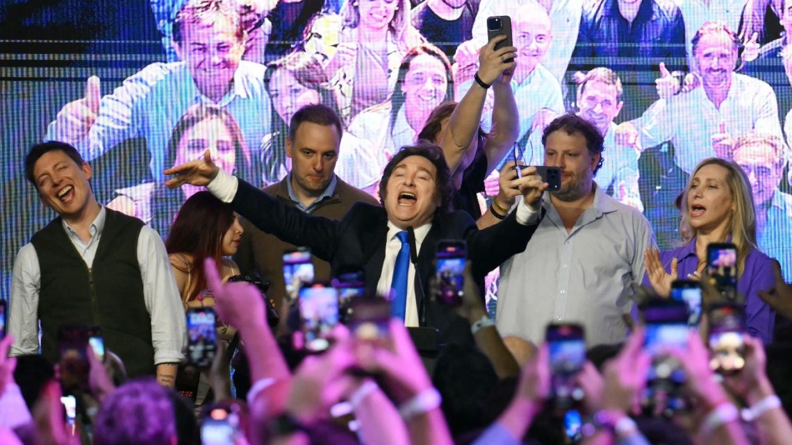 Javier Milei celebrates the results of the national midterm legislative election at the La Libertad Avanza party headquarters in Buenos Aires on October 26.