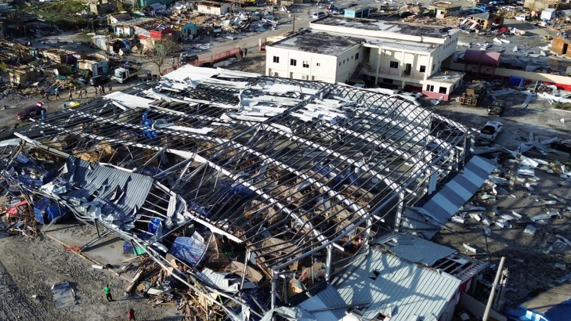 An aerial view seen October 29, 2025 shows the destroyed Black River Market and surrounding buildings following the passage the previous day of Hurricane Melissa in Black River, St. Elizabeth, Jamaica. 