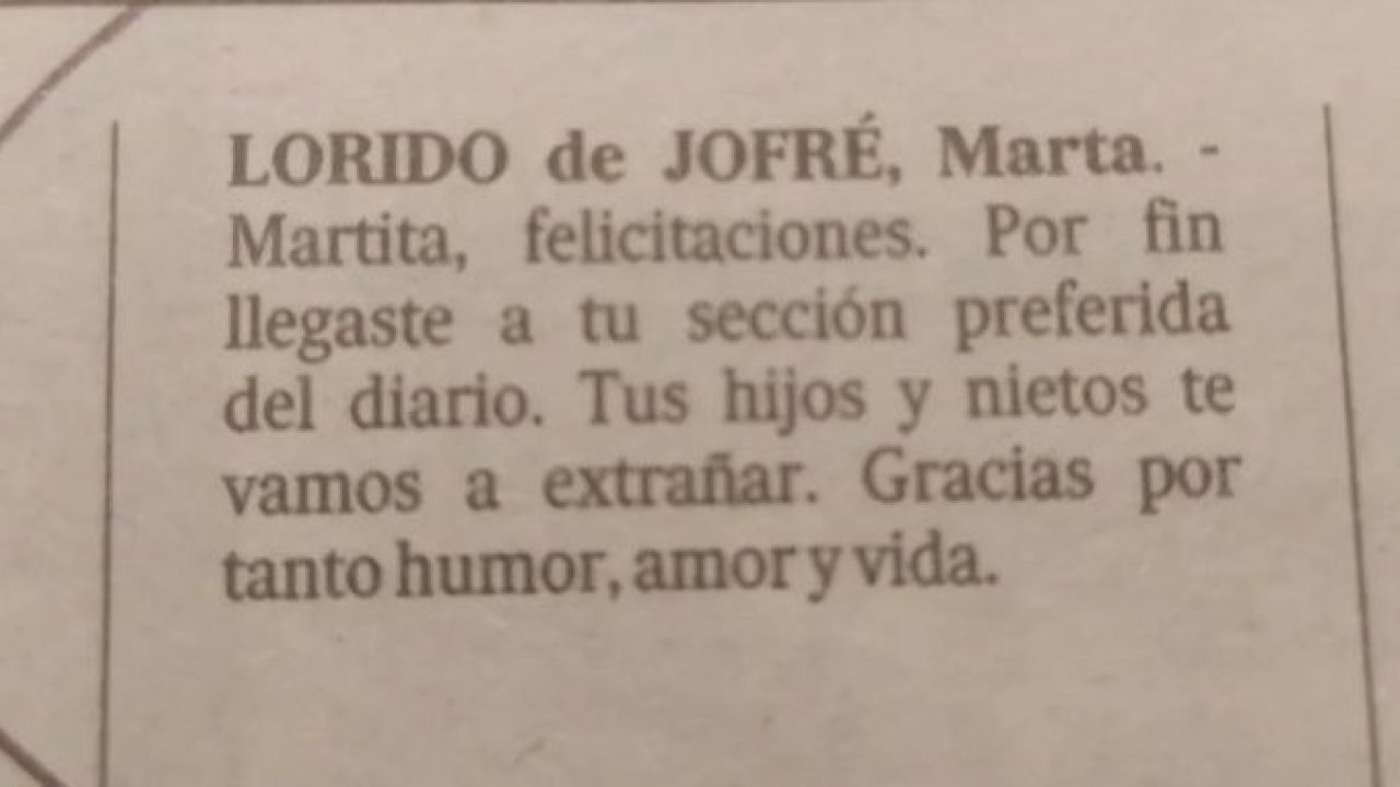 Obituario de Marta Lorido de Jofré | Foto:CEDOC