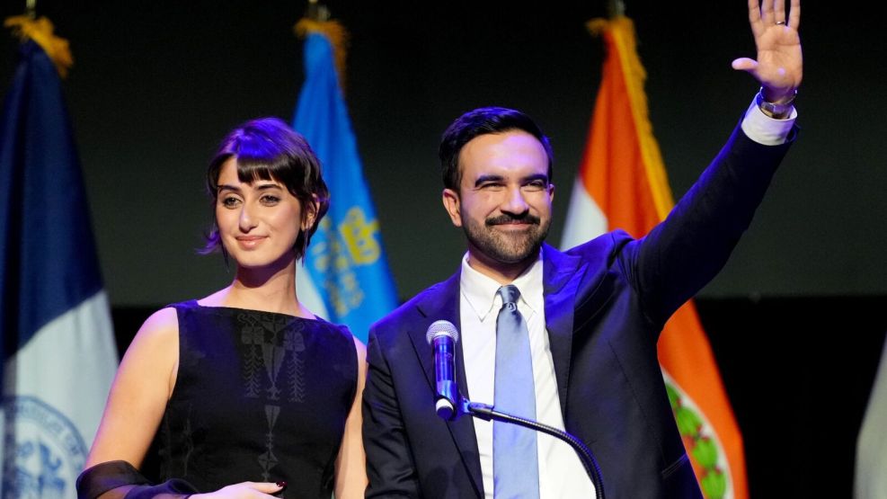 Zohran Mamdani and his wife Rama Duwaji at an election night event in Brooklyn, New York.