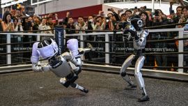 Robots controlados a distancia por Unitree Robotics participan en un combate de boxeo en el stand de Unitree Robotics durante la 8ª Exposición Internacional de Importaciones (CIIE) en Shanghái.