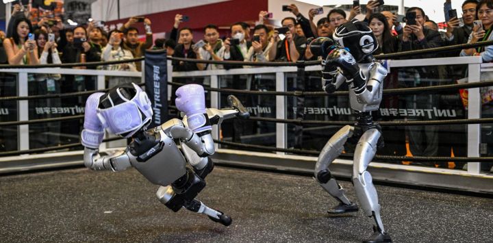 Robots controlados a distancia por Unitree Robotics participan en un combate de boxeo en el stand de Unitree Robotics durante la 8ª Exposición Internacional de Importaciones (CIIE) en Shanghái.