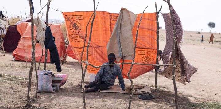 Un hombre sudanés desplazado que huyó de El-Fasher después de que la ciudad cayera en manos de las Fuerzas de Apoyo Rápido (FAR), se encuentra sentado en un refugio improvisado en el campamento de Um Yanqur, ubicado en el extremo suroeste de Tawila, en la región occidental de Darfur, en Sudán, devastada por la guerra.