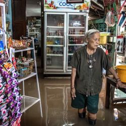 La dueña de una tienda de comestibles se encuentra dentro de su local en medio de las aguas de la inundación del río Chao Phraya en la isla Koh Kret. Foto de Chanakarn Laosarakham / AFP | Foto:AFP