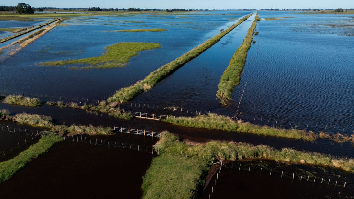 This aerial view shows a flooded field due to heavy rains in 9 de Julio, Buenos Aires Province, Argentina on November 5, 2025. 