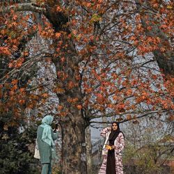 Mujeres toman fotografías entre plátanos orientales, también conocidos como árboles de chinar, durante el otoño en Srinagar. Foto de Tauseef MUSTAFA / AFP | Foto:AFP