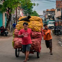 Trabajadores empujan un becak cargado con sacos de maíz en un mercado tradicional de verduras en Surabaya. Foto de JUNI KRISWANTO / AFP | Foto:AFP