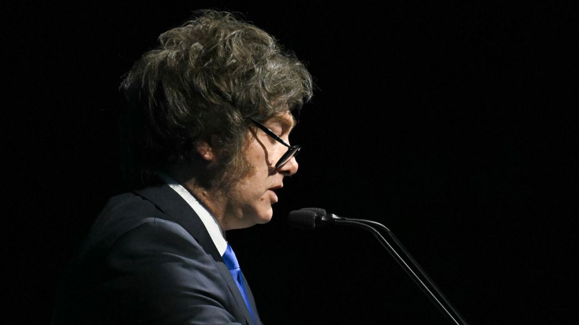 President Javier Milei speaks at the American Business Forum at the Kaseya Center in Miami on November 6, 2025. 