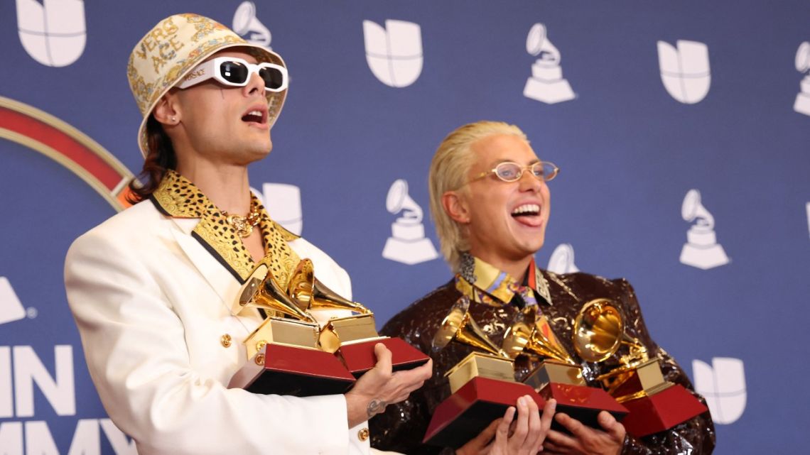 Argentine duo CA7RIEL & Paco Amoroso pose in the press room with the Best Pop Song for 'El Día del Amigo,' Best Alternative Song for 'Tetas,' Best Alternative Music Album for 'Papota,' Best Short-Form Music Video for '#Tetas' and Best Long-Form Music Video for 'Papota' during the 26th Annual Latin Grammy Awards at the MGM Grand Hotel & Casino in Las Vegas, Nevada on November 13, 2025. 