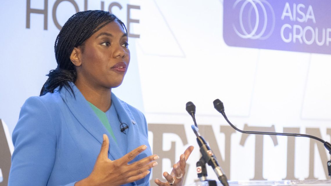 Kemi Badenoch MP, the leader of the UK Conservative Party, delivers a speech at Canning House in London.