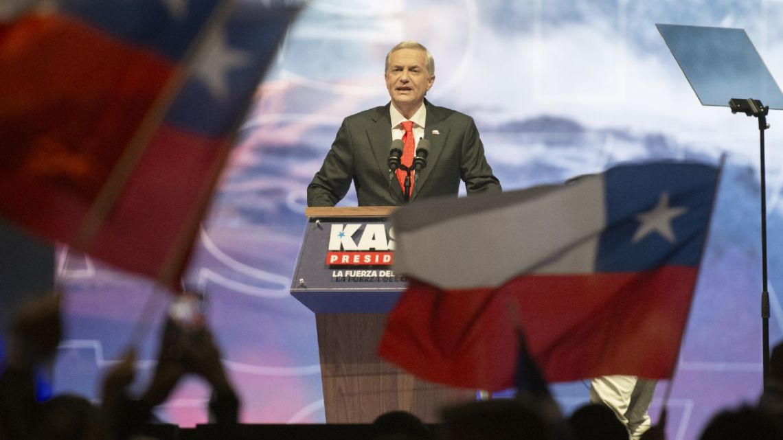 José Antonio Kast speaks during a campaign rally in Santiago on November 11, 2025.