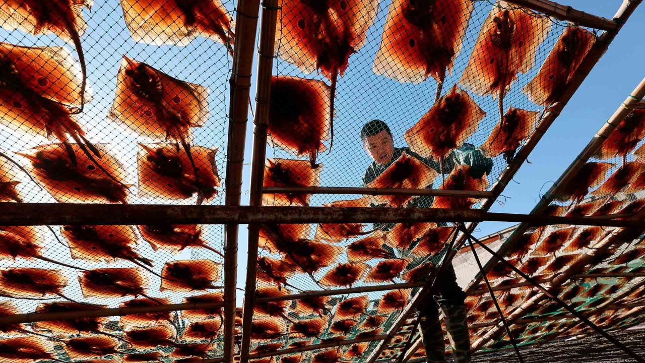 Un hombre seca rayas en Lianyungang, provincia de Jiangsu, este de China. Foto de AFP  | Foto:AFP