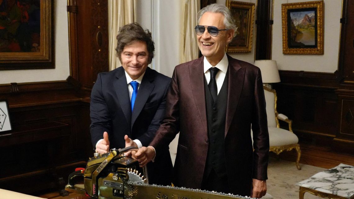 Singer Andrea Bocelli visits President Javier Milei at the Casa Rosada.