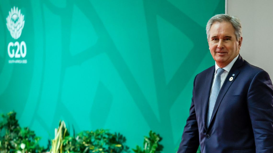 Argentina's Foreign Minister Pablo Quirno arrives for the second day of the G20 Leaders' Summit at the Nasrec Expo Centre in Johannesburg on November 23, 2025. 