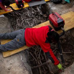 Los arqueólogos limpian los restos durante la exhumación de los cuerpos víctimas de la represión ejecutada entre 1936 y 1939, durante la Guerra Civil Española y el régimen franquista. Foto de JORGE GUERRERO / AFP | Foto:AFP