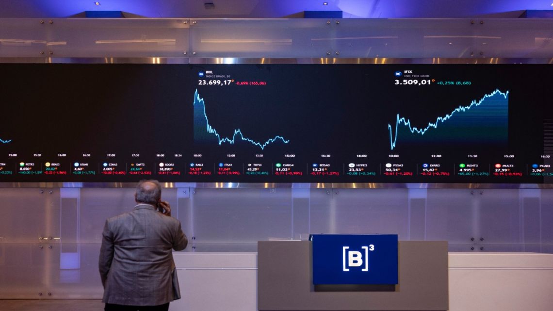 Inside the Brasil Bolsa Balcão stock exchange in the financial district of São Paulo.