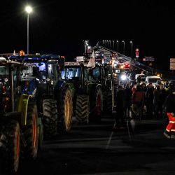 Los manifestantes se encuentran junto a tractores durante una demostración de los sindicatos agrícolas franceses, en el Puente de Tancarville, en Tancarville. Foto de Lou BENOIST / AFP | Foto:AFP
