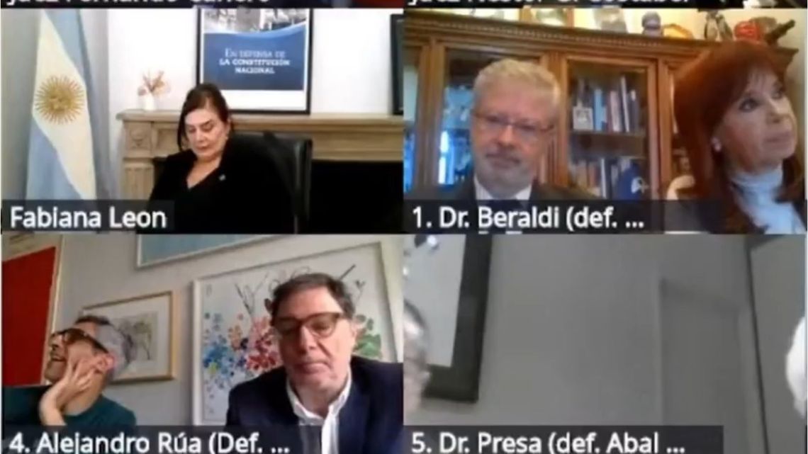 A screenshot of the Zoom screen showing ex-president Cristina Fernández de Kirchner standing trial in the 'Cuadernos' graft case.