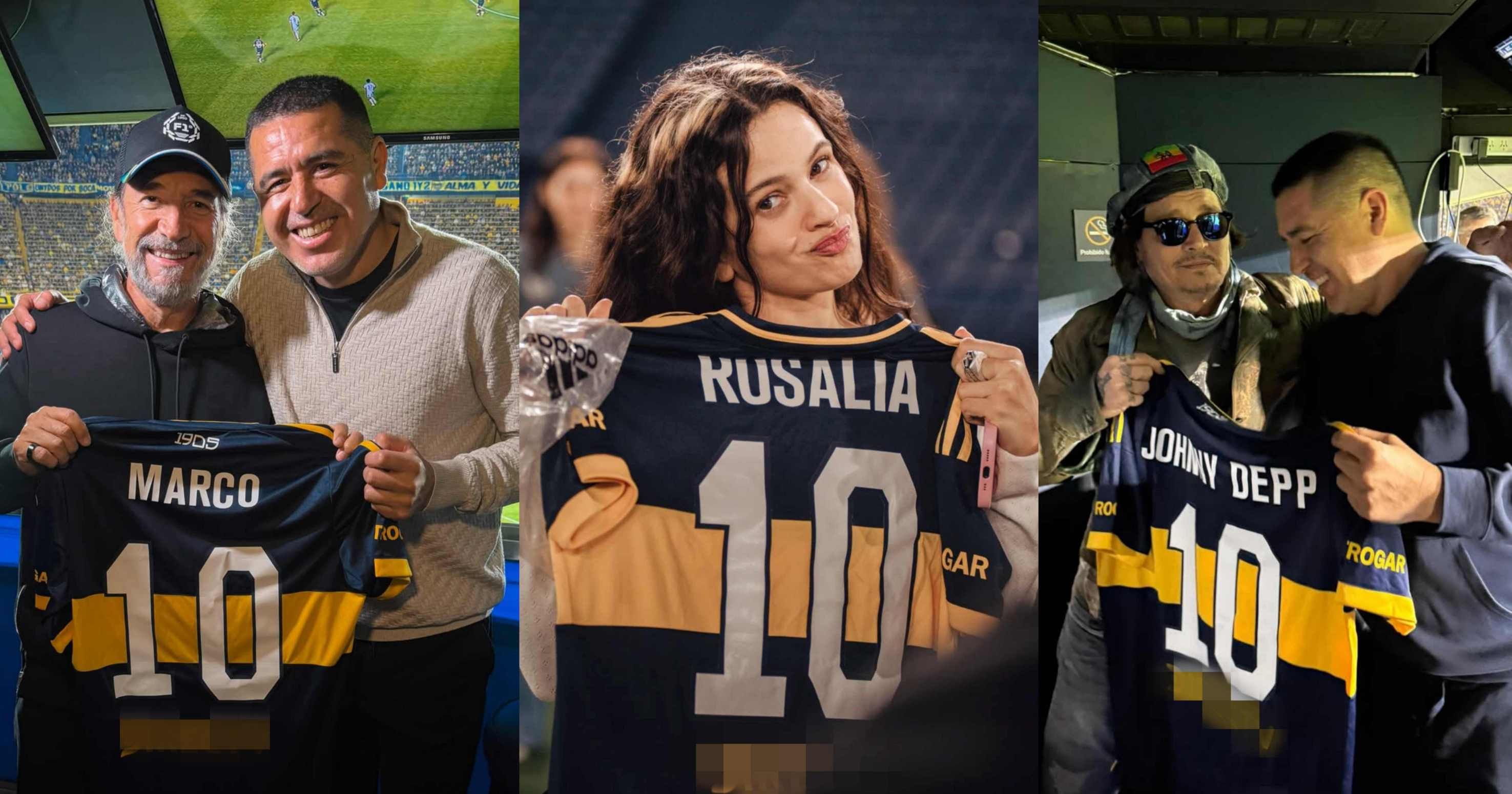 (De izq. a der.) Marco Antonio Solís y Riquelme; Rosalía, Jhonny Depp y Riquelme.