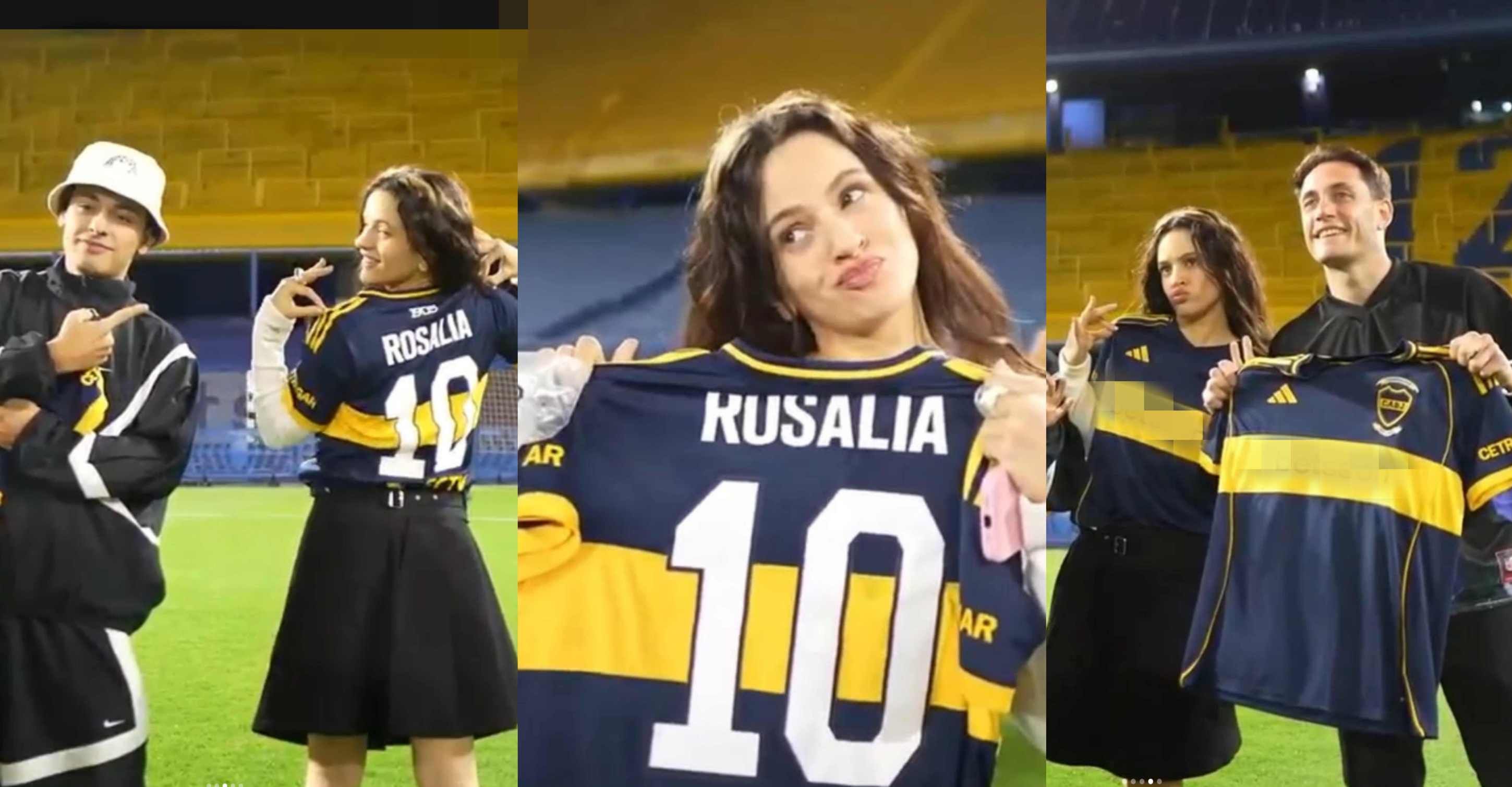 Noviembre 2025. Rosalía en la cancha de Boca con Trueno (izq.), y Coscu (der.).