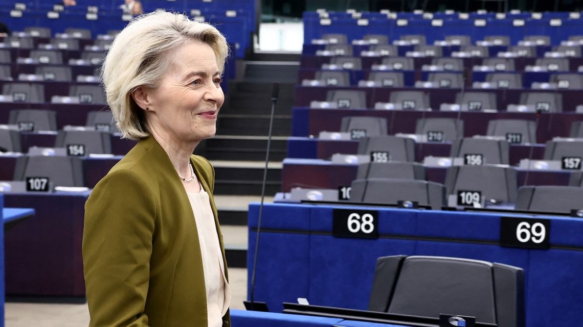 European Commission President Ursula von der Leyen arrives to attend a debate at the European Parliament, in Strasbourg, eastern France, on November 26, 2025.