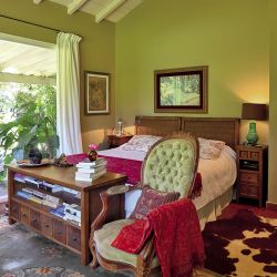 El cuarto principal tiene vista privilegiada al parque, un mix de alfombras y textiles y plenitud de libros.