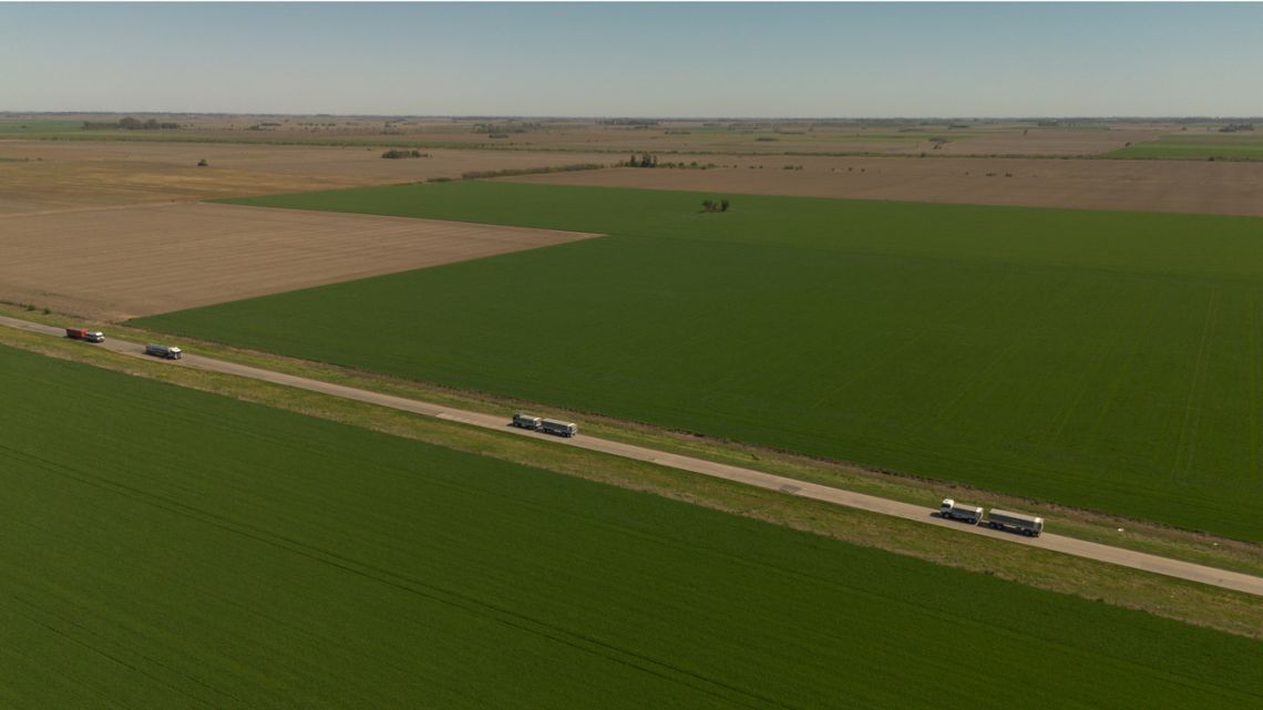 Trucks carrying grain for export from wheat fields near Rosario, Argentina.