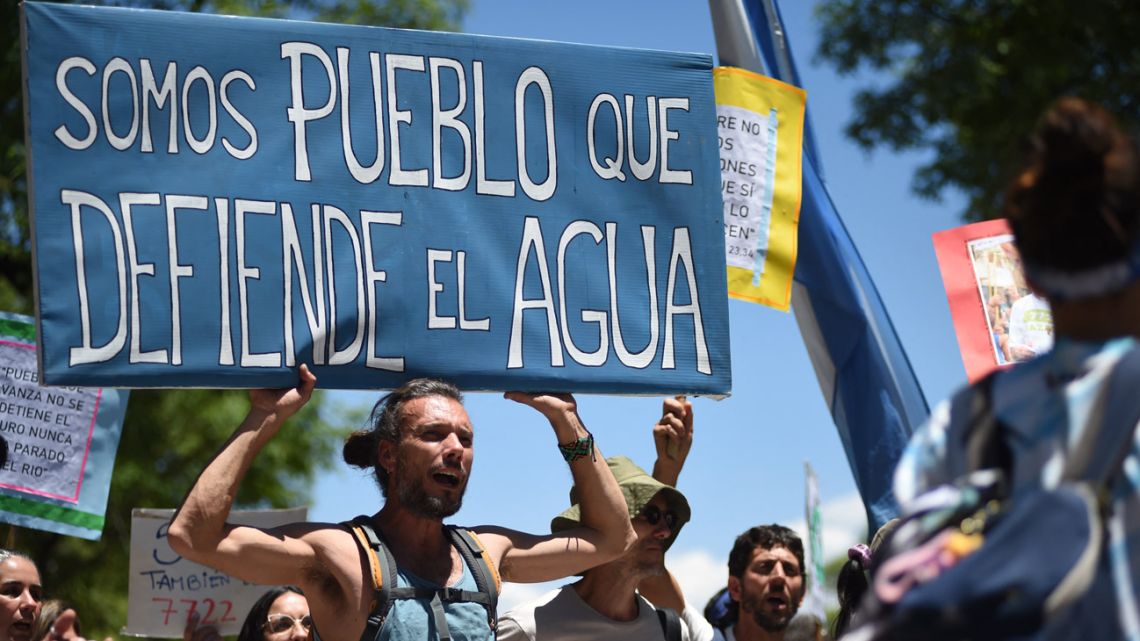 Protesters demonstrate against mining at Independence Square in front of the provincial Legislature in Mendoza, Argentina, on December 9, 2025. 