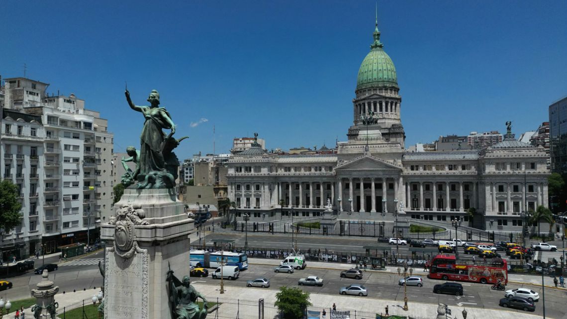 This aerial view shows Argentina's National Congress building in Buenos Aires on December 10, 2025. 