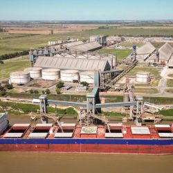 Vista aérea tomada con un dron del buque MV Shandong Fu Yi que trasladará el primer embarque comercial a granel de trigo argentino con destino a China anclado en la terminal portuaria de Cofco International, en la localidad de Timbúes, en el norte de Rosario, en la provincia de Santa Fé, Argentina. | Foto:Xinhua/Martín Zabala