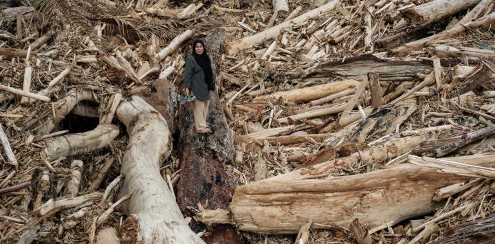 Nurlela Agusfitri, de 40 años, quien perdió su plantación de palma, varias vacas y un pequeño quiosco en su casa durante una inundación repentina unas tres semanas antes, posa sobre árboles arrancados de raíz camino al sitio de su antigua casa en Pengidam, Aceh Tamiang, norte de Sumatra.