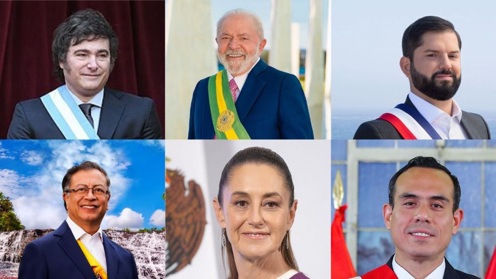 Javier Milei, Lula da Silva, Gabriel Boric, Gustavo Petro, Silvia Sheinbaum y José Jerí