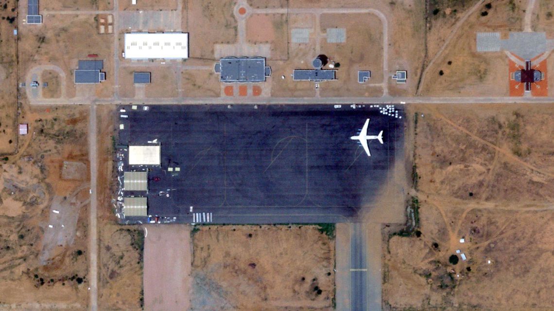 This handout satellite image from 2025 Planet Labs PBC shows the Amdjarass airbase in Chad on August 30, 2023, with an Ilyushin Il-76D aircraft reportedly used to transport weapons and mercenaries to Sudan, according to sources.