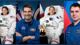 De izquierda a derecha, los astronautas de la NASA Jessica Meir y Jack Hathaway, la astronauta de la ESA (Agencia Espacial Europea) Sophie Adenot y el cosmonauta de Roscosmos Andrey Fedyaev.