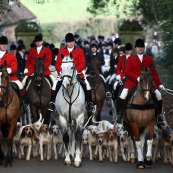 Miembros de la Old Surrey, Burstow y West Kent Hunt y sus perros llegan al castillo de Chiddingstone para la cacería anual del Boxing Day, al sur de Londres. | Foto:HENRY NICHOLLS / AFP