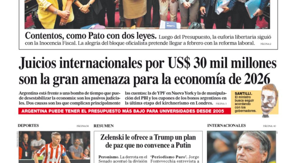 La tapa del Diario PERFIL del domingo 28 de diciembre de 2025