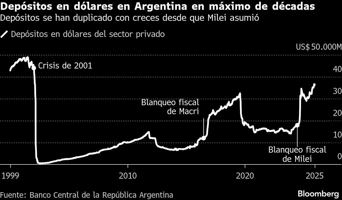 Depósitos en dólares en Argentina en máximo de décadas | Depósitos se han duplicado con creces desde que Milei asumió