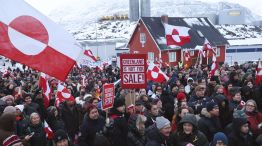 Protesters hold Greenlandic flags and placards outside the US consulate in Nuuk, Greenland, on Jan. 17.