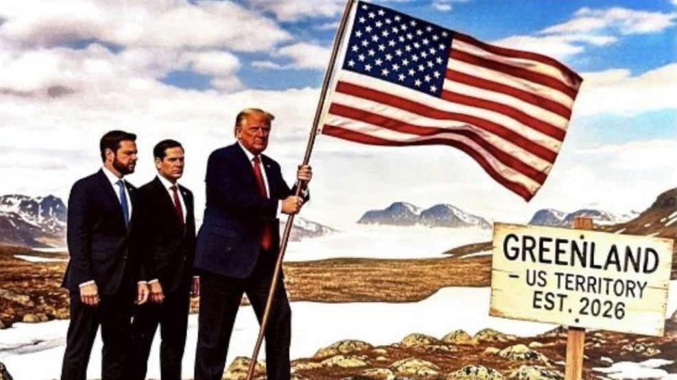 El presidente estadounidense, Donald Trump, difundió una imagen generada con IA en redes sociales en la que planta la bandera de EE.UU. en Groenlandia