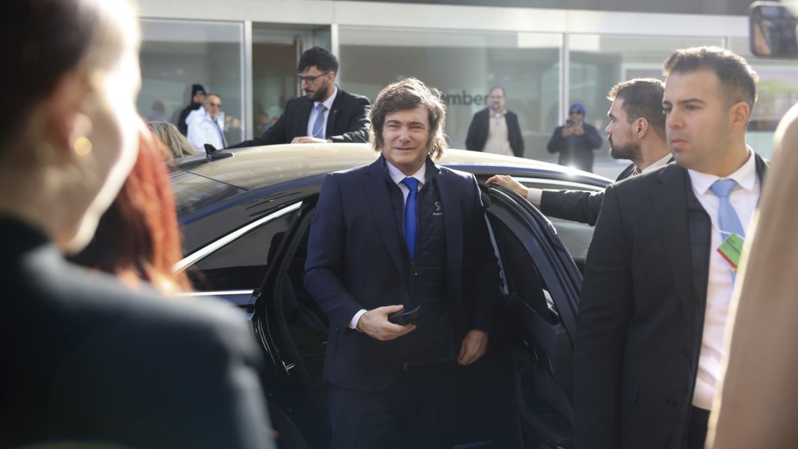 Javier Milei, Argentina's president, arrives at Bloomberg House during the World Economic Forum (WEF) in Davos, Switzerland, on Thursday, Jan. 22, 2026.