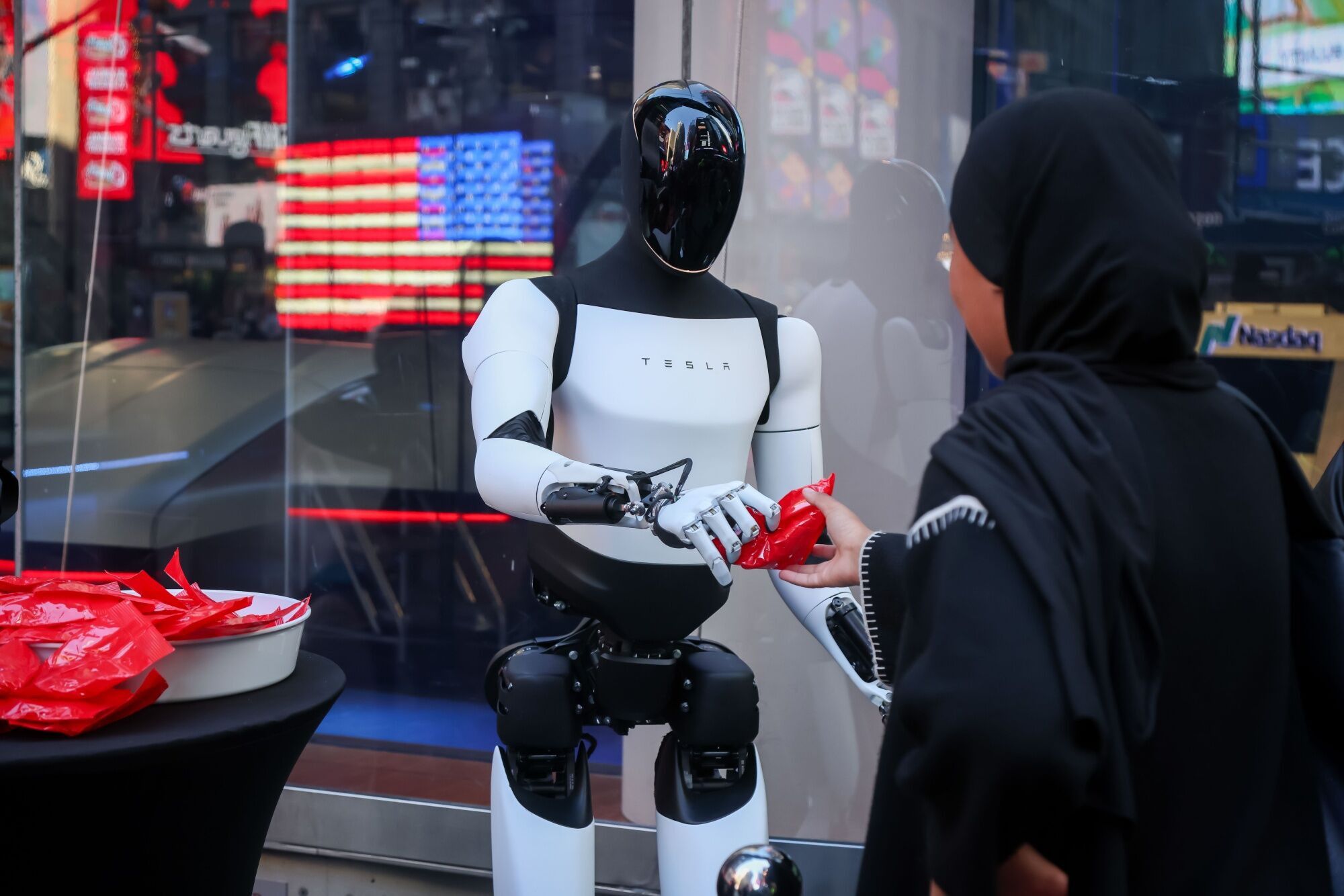 Tesla Showcases Optimus Robot And Cybercab At Nasdaq Marketsite