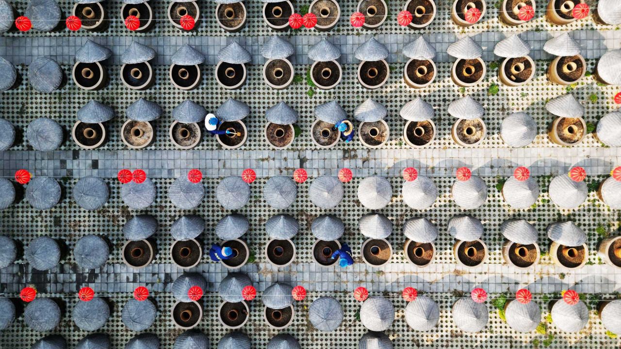 Imagen tomada con un dron de trabajadores revolviendo salsa de soya en fermentación en una cervecería tradicional, en Tengzhou, en la provincia de Shandong, en el este de China. | Foto:Xinhua/Li Zhijun