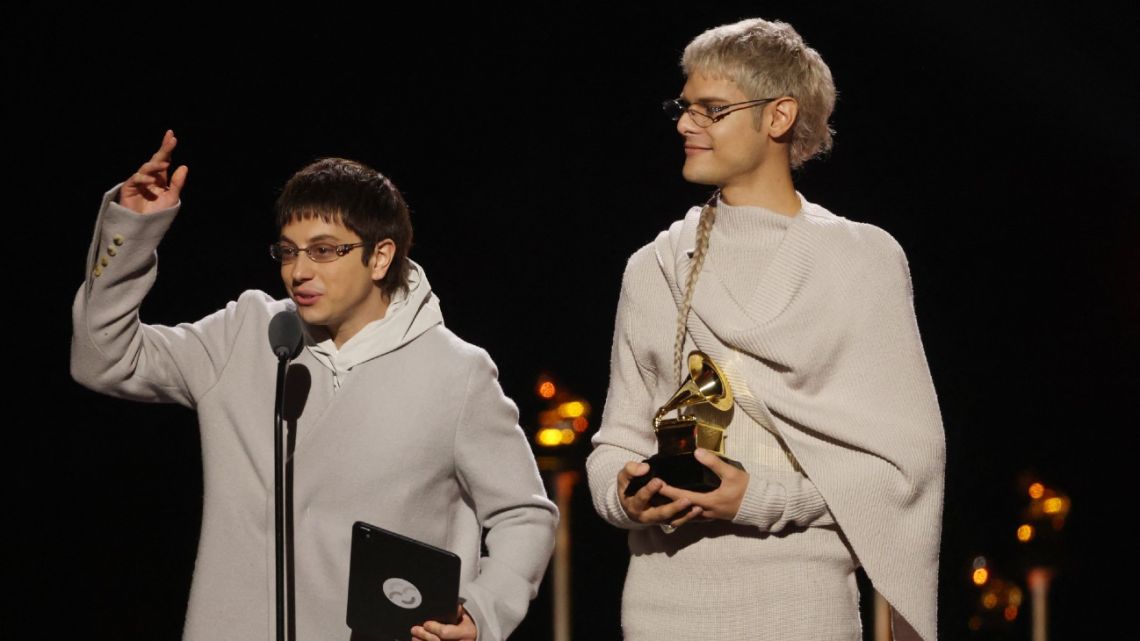Paco Amoroso and CA7RIEL accept the Best Latin Rock or Alternative Album award for 'PAPOTA' onstage during the 68th GRAMMY Awards Premiere Ceremony at Peacock Theater on February 01, 2026 in Los Angeles, California.
