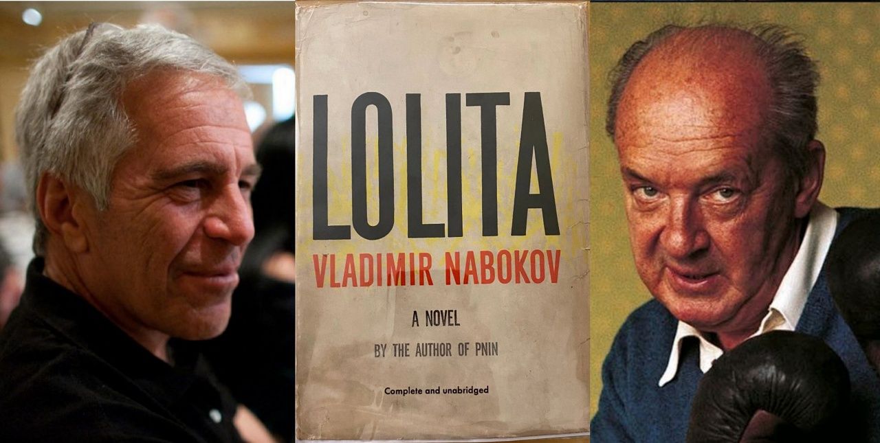 Jeffrey Epstein (izq.); la novela 'Lolita', y su autor Vladimir Nabokov (der.).