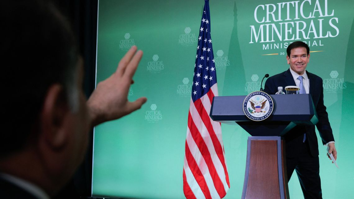 US Secretary of State Marco Rubio walks off stage after a news conference during the first Critical Minerals Ministerial at the State Department's Harry S. Truman Building on February 04, 2026 in Washington, DC.