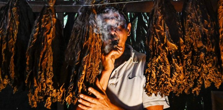 Un fabricante de cigarros prueba un cigarro casero mientras posa junto a hojas de tabaco secándose en Montasik, provincia de Aceh, Indonesia.