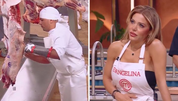 La angustia de Evangelina Anderson en MasterChef Celebrity frente a tres medias reses: "La peor pesadilla"